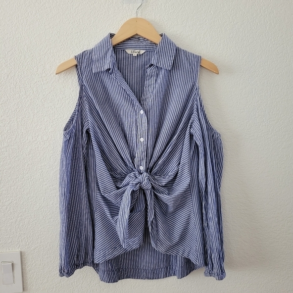 Blush Stripe Cold Shoulder Button Down Shirt - Picture 1 of 7